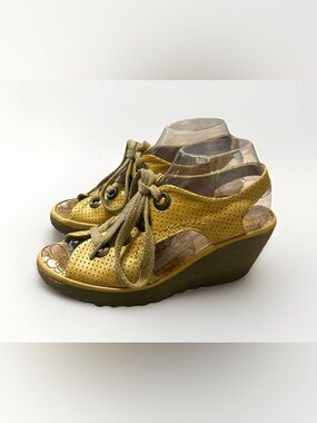 FLY London Shoes Womens Yellow Ylva Perforated Wedge Pump Sandals Size 38 US 7